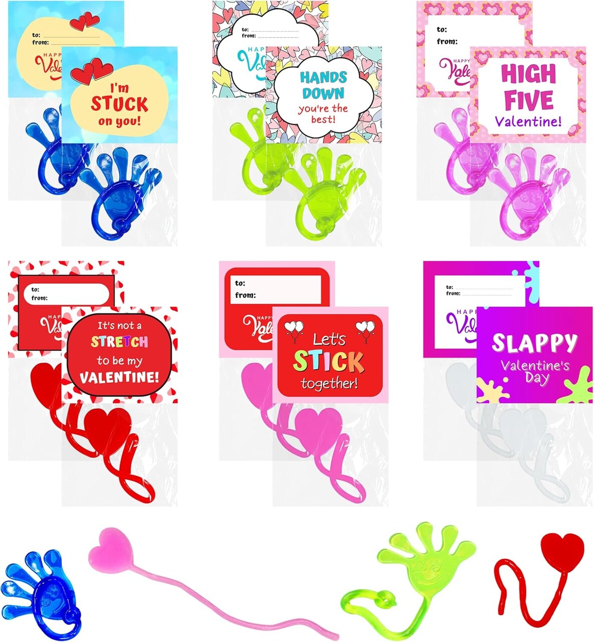 4E's Novelty 32 Pack Valentine’s Day Slappy Hands & Stretch Hearts with Cards – Individually Wrapped Non-Candy Classroom Exchange Toys, Party Favor Valentines for Kids